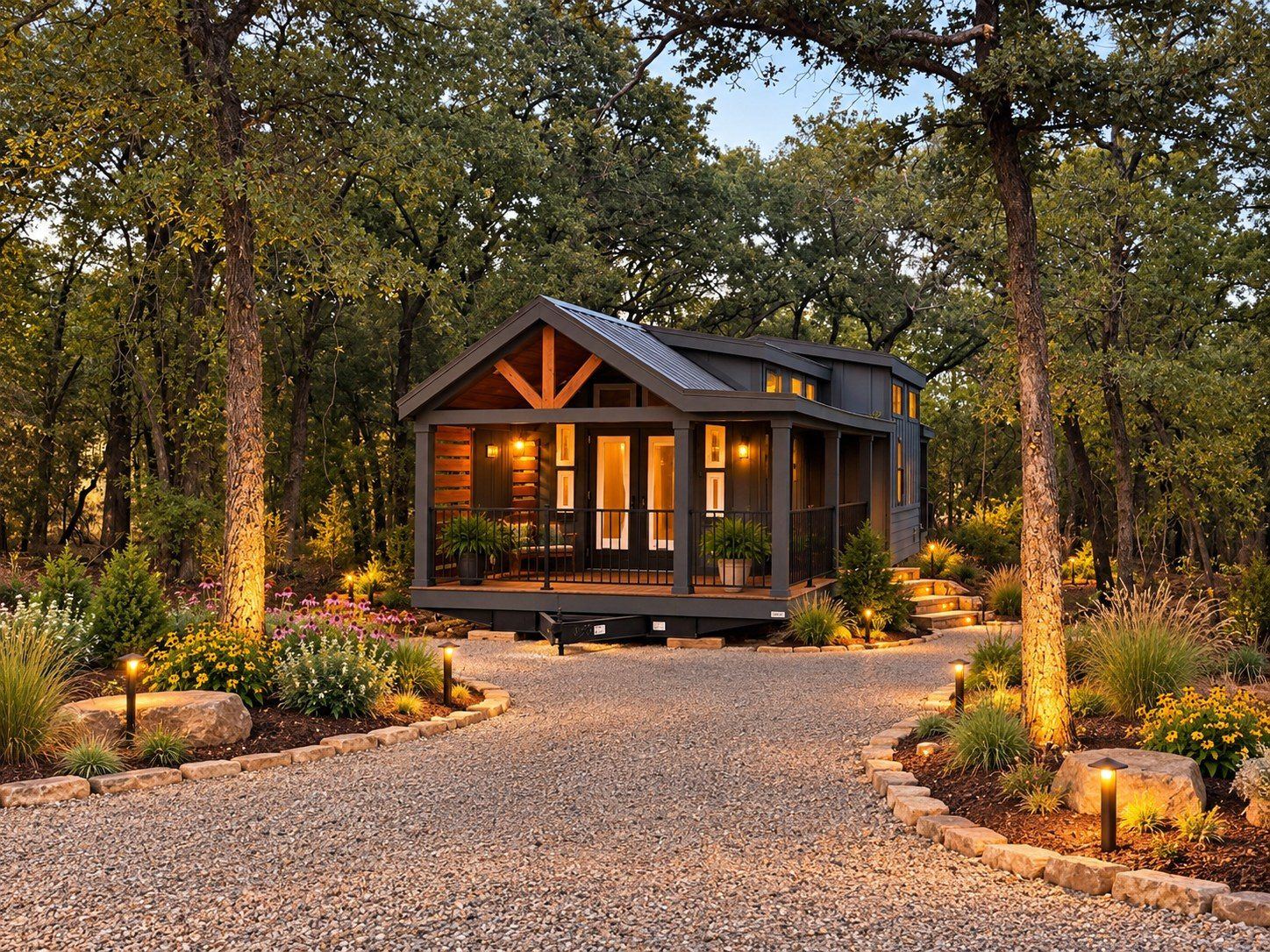 Honey Hollow tiny home among post oak trees at dusk