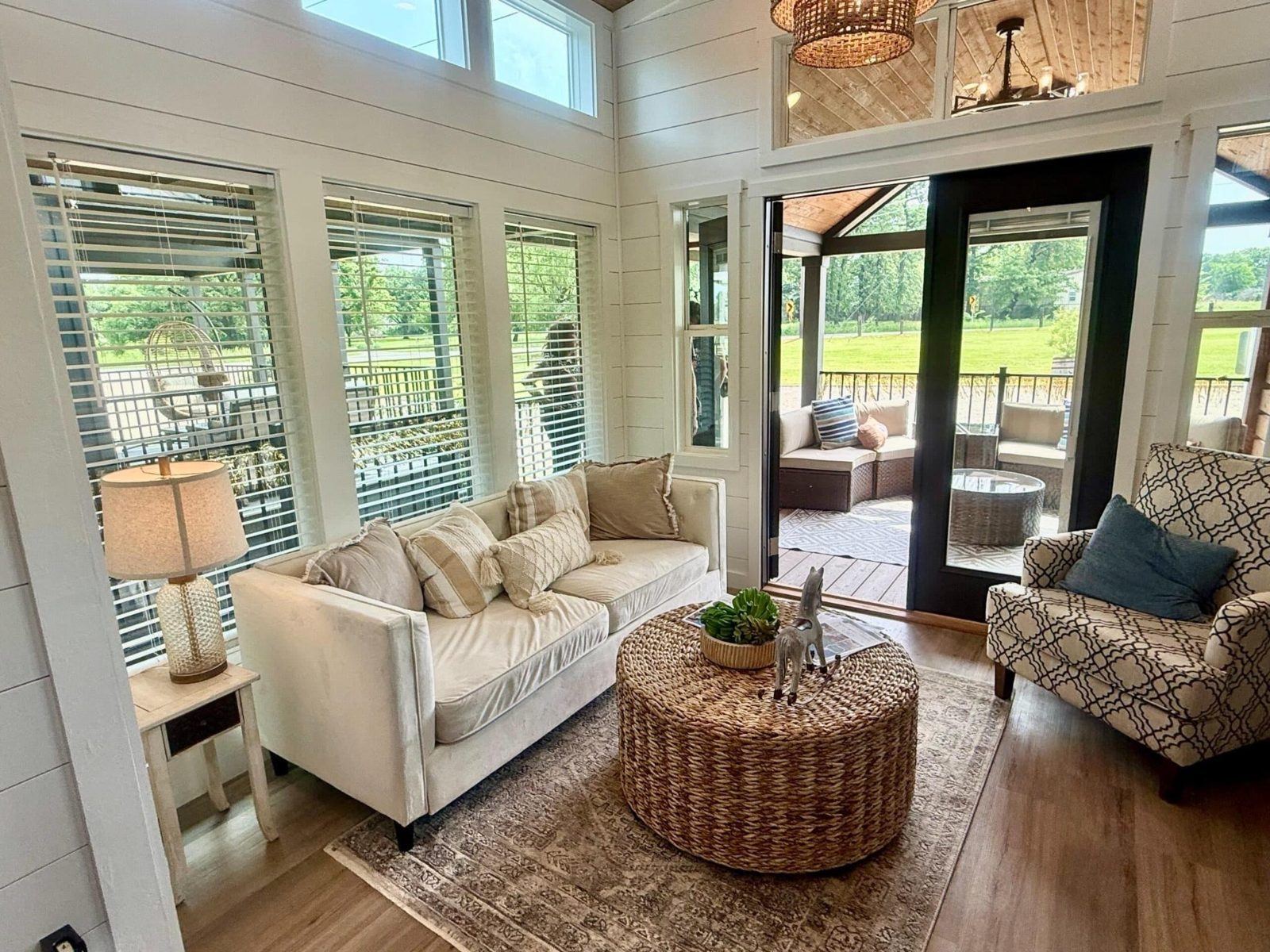 Bright living room in Honey Hollow opening onto the covered porch