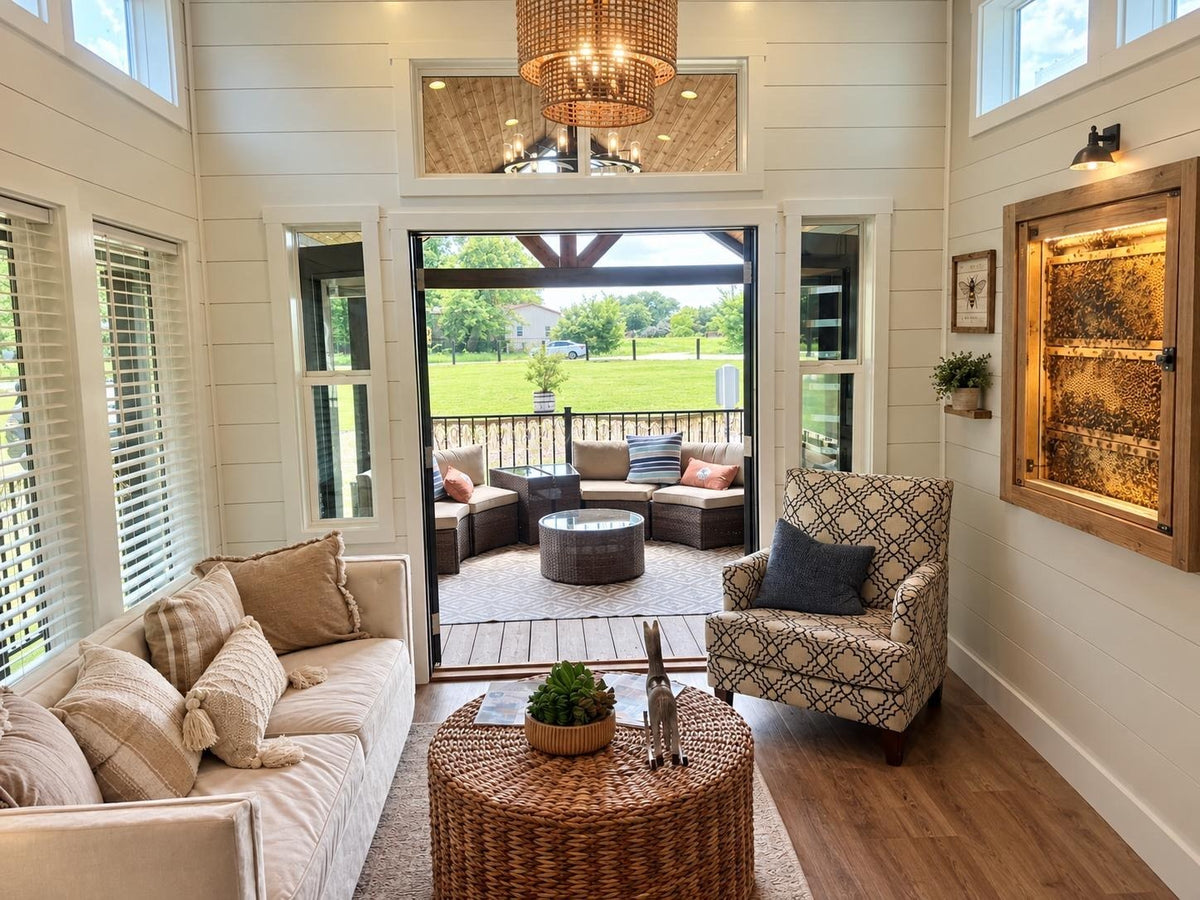 Honey Hollow living room with the framed observation hive built into the wall