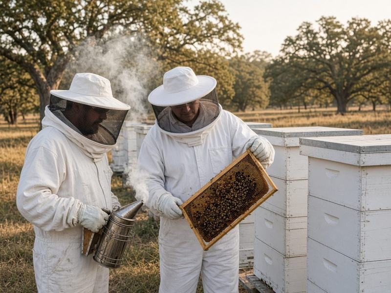 Guests in bee suits inspecting a hive frame (placeholder image)