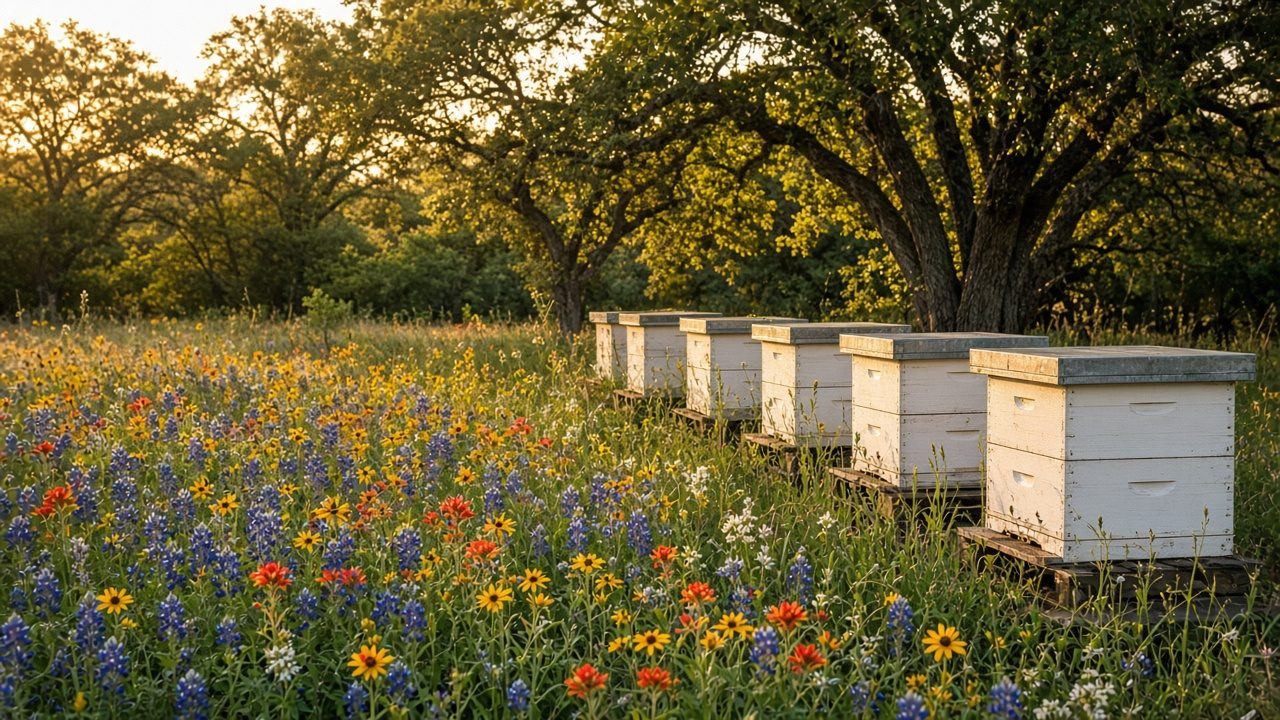 Beehives beside Texas wildflowers (placeholder image)